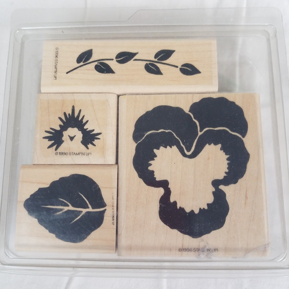 Vintage 1996 Stampin Up Floral Pansy Wood Mounted Rubber Stamp Set of 4